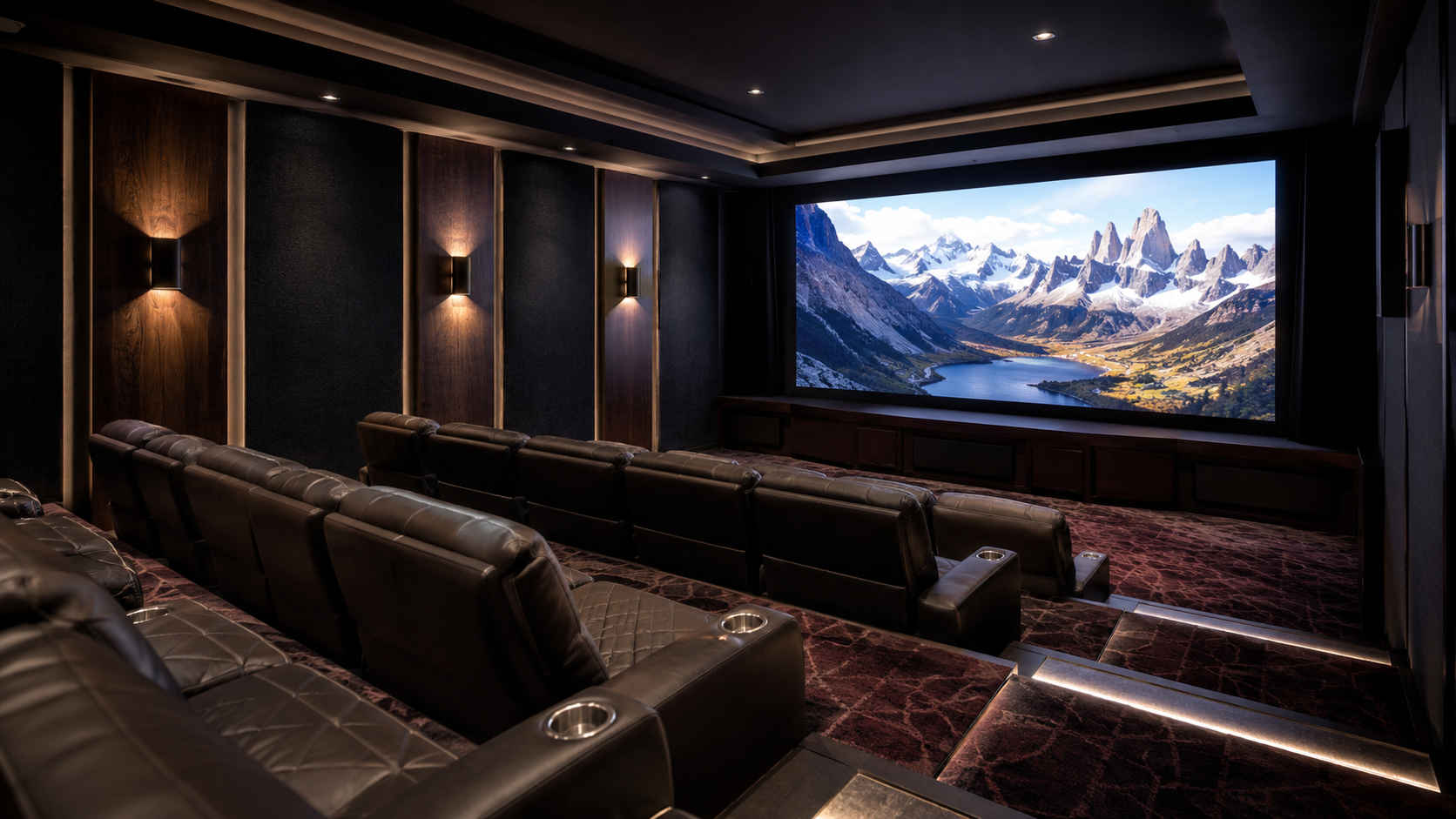 Dedicated home theater with integrated lighting and seating
